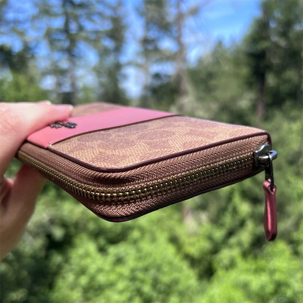 COACH Long Zip-Around Wallet Tan/Pink Signature Canvas & Leather w Gold Hardware